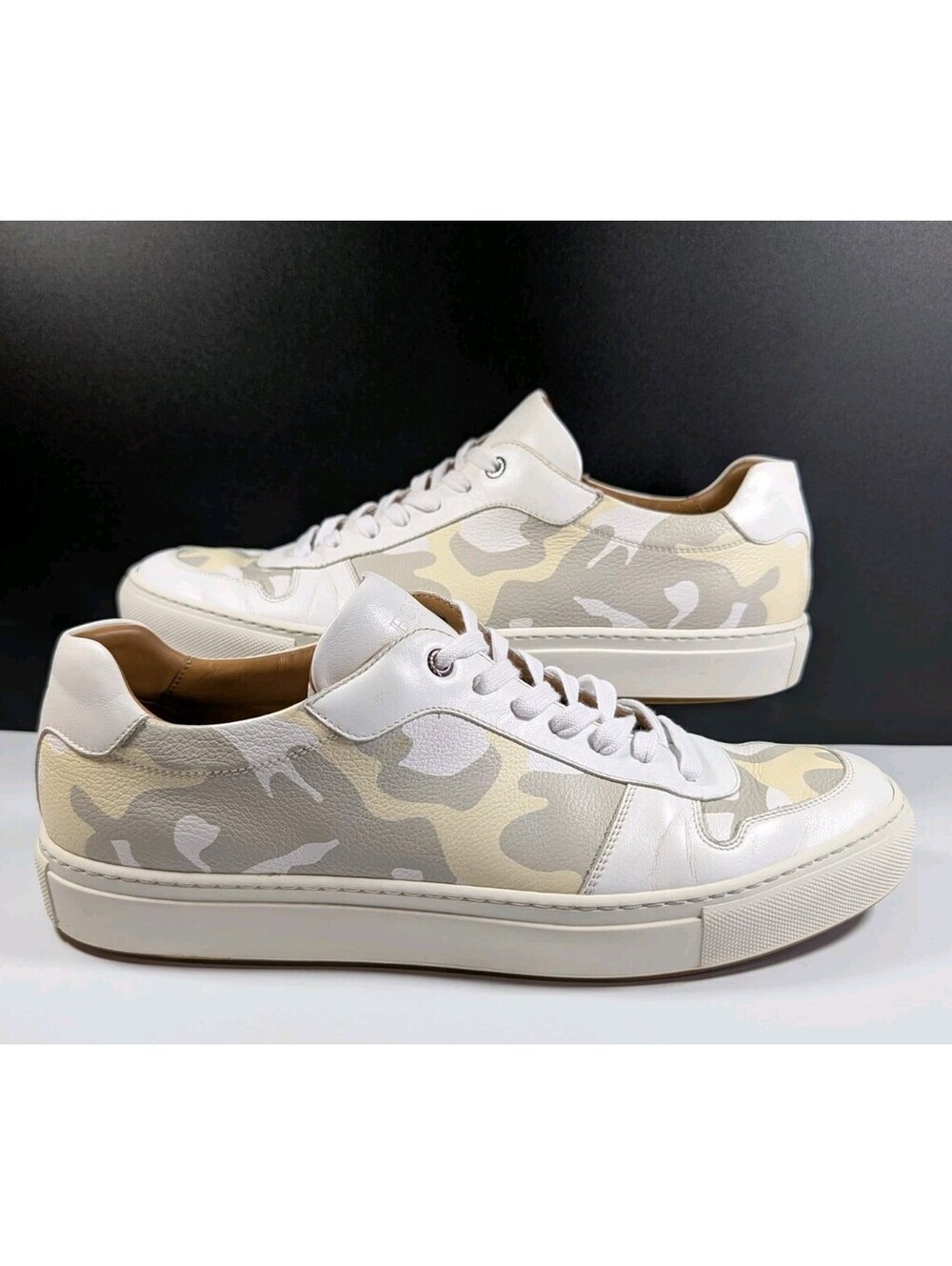 Hugo Boss Mens 45 (12) White Beige Camo Leather Low Top Sneakers Luxury Italy